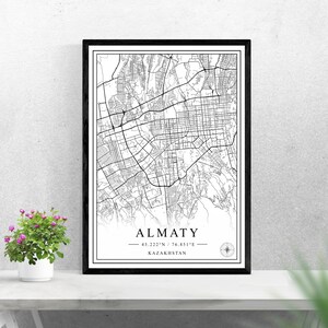 Almaty mapa de la ciudad descarga digital en blanco y negro imprimir diseño de Kazajstán cartel pared arte decoración imprimible regalos personalizados