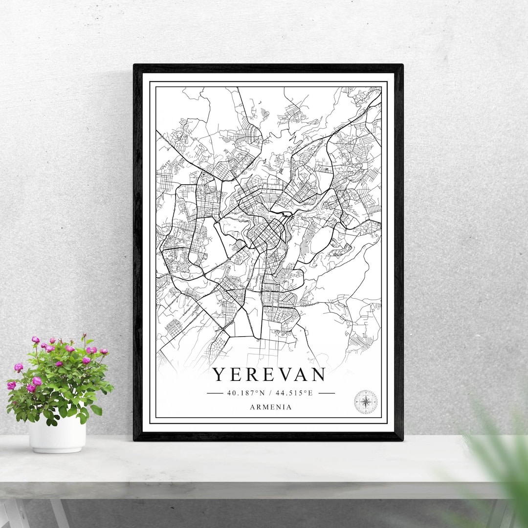 Yerevan City Map Digital Download Black and White Print Design of Armenia Poster Wall Art Decor ...
