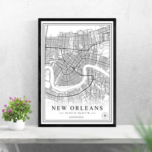 Mapa de la ciudad de Nueva Orleans descarga digital diseño de impresión en blanco y negro de los Estados Unidos póster decoración de arte de pared imprimible regalos personalizados