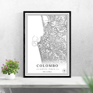 Colombo Stadt Karte digitaler Download schwarz weiß Druck Design von Sri Lanka Poster Wand Kunst Dekor druckbare personalisierte Geschenke