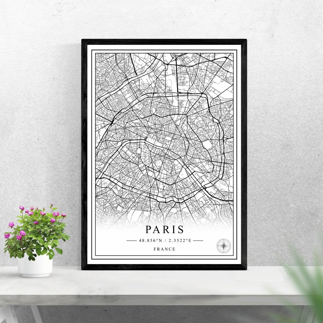 Paris City Map Digital Download Black and White Print Design of France ...