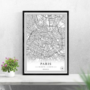 Cyfrowe pobieranie mapy Paryża, czarno-biały projekt wydruku z Francji, plakat ścienny, dekoracja, możliwość wydrukowania, spersonalizowane prezenty