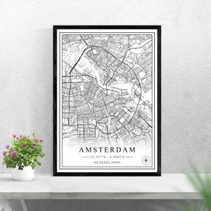 Amsterdam Stadtplan digitaler Download schwarz weiß Druck Design Niederlande Poster Wand Kunst Dekor druckbare personalisierte Geschenke