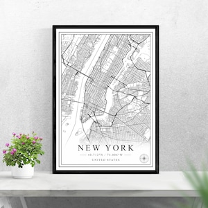 Mapa de la ciudad de Nueva York descarga digital diseño de impresión en blanco y negro de los Estados Unidos póster decoración de arte de pared imprimible regalos personalizados