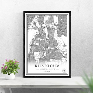 Khartum Stadtplan digitaler Download Schwarz-Weiß Druck Design des Sudan Poster Wand Kunst Dekor druckbare personalisierte Geschenke