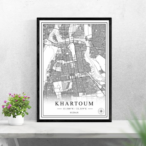 Khartoum city map digital download black and white print design of Sudan poster wall art decor printable personalized gifts
