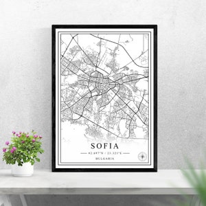 Sofia Stadtplan digitaler Download schwarz weiß Druck Design von Bulgarien Poster Wand Kunst Dekor druckbare personalisierte Geschenke