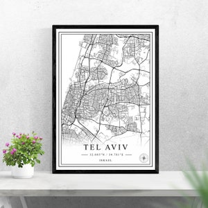 Carte de la ville de Tel Aviv téléchargement numérique noir et blanc print design de l’affiche d’Israël décoration d’art mural imprimable cadeaux personnalisés