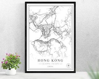 Hong Kong city map digital download black and white print design of China poster wall art decor printable personalized gifts