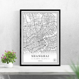 Mappa della città di Shanghai download digitale stampa in bianco e nero design della Cina poster wall art decoro stampabile regali personalizzati