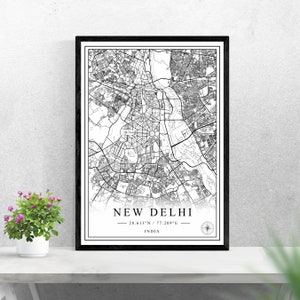 New Delhi stadsplattegrond digitale download zwart-wit printontwerp van India poster kunst aan de muur decor afdrukbare gepersonaliseerde geschenken