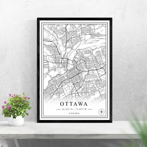 Carte de la ville d’Ottawa téléchargement numérique noir et blanc print design de l’affiche du Canada décoration d’art mural imprimable cadeaux personnalisés