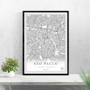 São Paulo Stadtplan digitaler Download schwarz weiß Druck Design von Brasilien Poster Wand Kunst Dekor druckbare personalisierte Geschenke