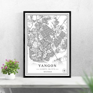 Yangon Stadtplan digitaler Download schwarz weiß Druck Design von Myanmar Poster Wand Kunst Dekor druckbare personalisierte Geschenke