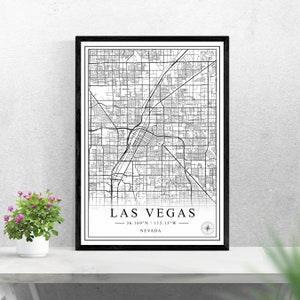 Mapa de la ciudad de Las Vegas descarga digital diseño de impresión en blanco y negro de estados Unidos póster decoración de arte de pared imprimible regalos personalizados