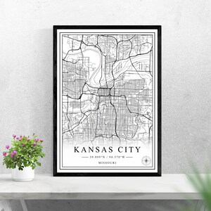 Kansas City stadskaart digitale download zwart-wit print ontwerp van Verenigde Staten poster kunst aan de muur decor afdrukbare gepersonaliseerde geschenken