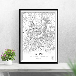 Taipeh Stadtplan digitaler Download schwarz weiß Druck Design von Taiwan Poster Wand Kunst Dekor druckbare personalisierte Geschenke