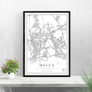 Mapa de la ciudad de La Meca descarga digital diseño de impresión en blanco y negro de Arabia Saudita póster decoración de arte de pared imprimible regalos personalizados
