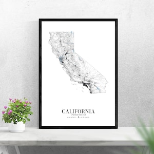 Descarga digital del mapa de carreteras del estado de California, diseño de impresión en blanco y negro de CA Estados Unidos, decoración de pared, regalos personalizados imprimibles