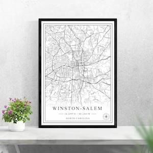Winston-Salem Stadtplan digitaler Download schwarz-weiß Druck Design der VEREINIGTEN Staaten Poster Wand Kunst Dekor druckbare personalisierte Geschenke