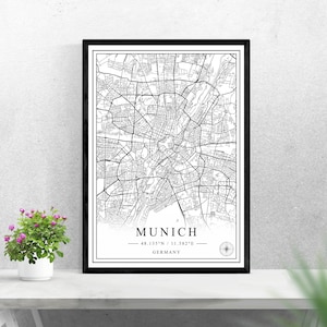 Mapa de la ciudad de Múnich descarga digital diseño de impresión en blanco y negro de Alemania cartel pared arte decoración imprimible regalos personalizados