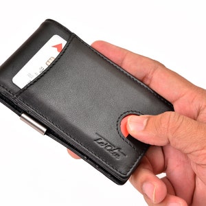 Negro RFID Bloqueo Slim Bifold Cuero genuino Minimalista Carteras de bolsillo frontales para hombres con clip de dinero delgado
