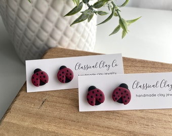 Ladybug Stud Earrings, Handmade Polymer Clay Cottagecore Jewelry