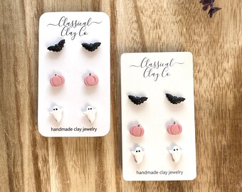 Pink Halloween Stud Pack: Ghost Pumpkin and Bat Earrings for Kids