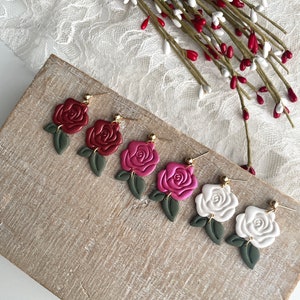 Shimmer Rose Dangles Polymer Clay Earrings Flower Earrings Valentines Day Earrings Clay Dangles Handmade Earrings Rose Earrings Flowers