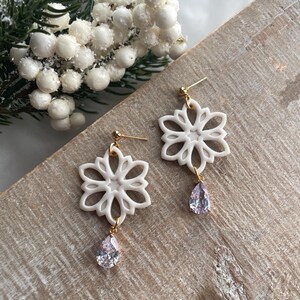 Shimmer Snowflake Dangles Polymer Clay Earrings Holiday Earrings Christmas Earrings Clay Dangles Handmade Earrings Snowflake Earrings