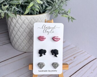 Mini paquet de clous glamour Boucles d'oreilles en pâte polymère Clous d'oreilles Boucles d'oreilles scintillantes Clous en argile Boucles d'oreilles faites main Petites boucles d'oreilles Lèvres Diamond Doll