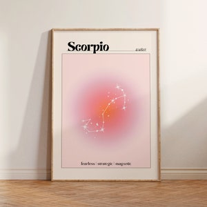 Cartel de Escorpio, impresión de aura rosa pastel, arte de pared estético Y2K, regalo para ella, impresión de astrología, signo de estrella del zodiaco de agua, decoración de la habitación, digital