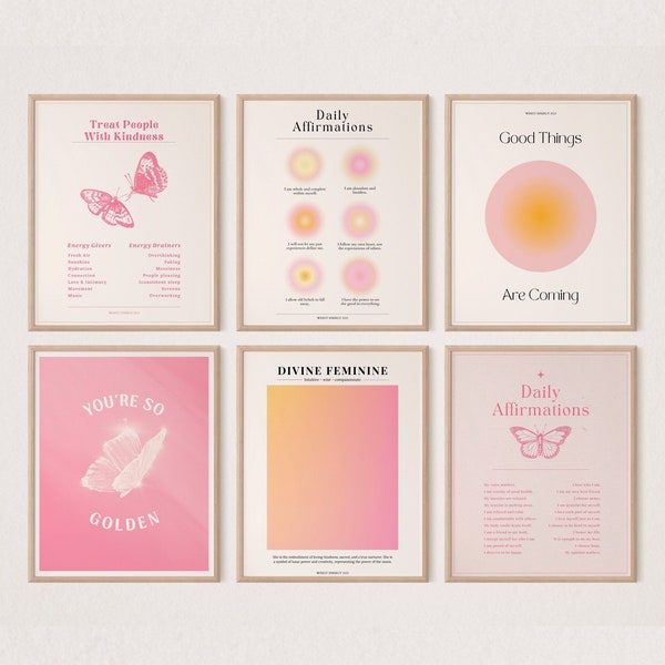 Pink Aura Posters Set, Set of 6 Prints, Divine Feminine, Angel Number Print, Indie Aesthetic, Manifestation Print, Butterfly Poster, Digital