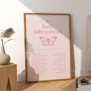 Pink Butterfly Poster, Daily Affirmations Print, Positive Pastel Wall Art For Your Bedroom, Dormroom Decor, Gift For Her, Digital Download