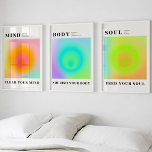 Set of 3 Mind Body Soul Poster, Gradient Aura Wall Art, Psychedelic, Mindfulness Poster, Spiritual Higher Self Energy, Digital Download