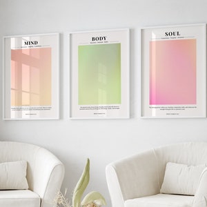 Mind Body Soul Poster Set of 3, Gradient Aura Wall Art, 3 Piece Art, Dorm Bedroom Decor, Spiritual Higher Self Energy, Digital Download