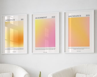 Conjunto de 3 carteles de aura de números de ángel, 111 222 333, arte de pared de moda espiritual para decoración de dormitorio y habitación, impresiones de energía propia superior, digital