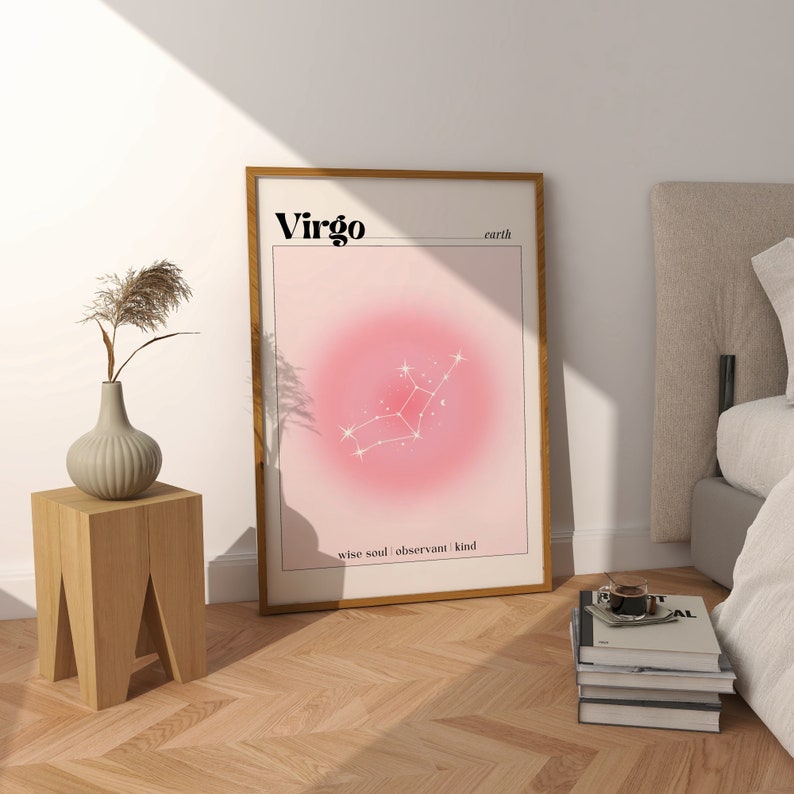 Cartel de Virgo, impresión de aura rosa pastel, arte de pared estético Y2K, regalo para ella, astrología espiritual, signo de estrella de la tierra, decoración de la habitación, digital imagen 2