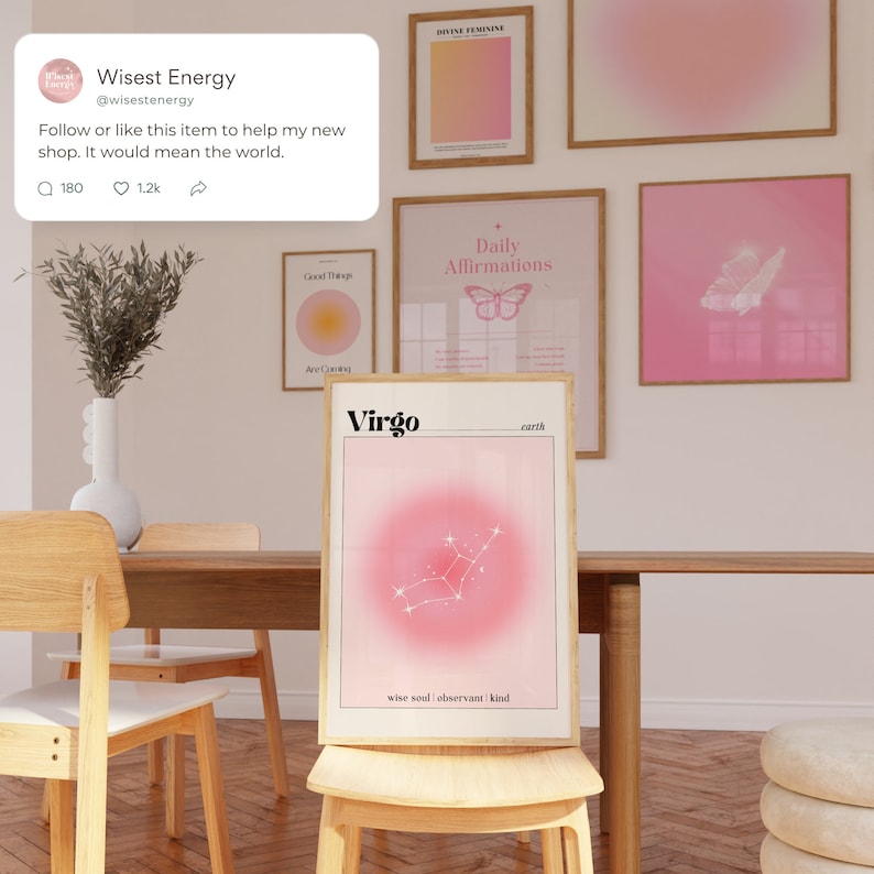 Cartel de Virgo, impresión de aura rosa pastel, arte de pared estético Y2K, regalo para ella, astrología espiritual, signo de estrella de la tierra, decoración de la habitación, digital imagen 5