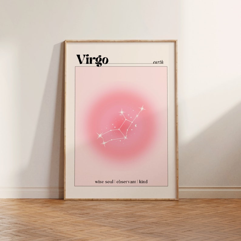 Cartel de Virgo, impresión de aura rosa pastel, arte de pared estético Y2K, regalo para ella, astrología espiritual, signo de estrella de la tierra, decoración de la habitación, digital imagen 4