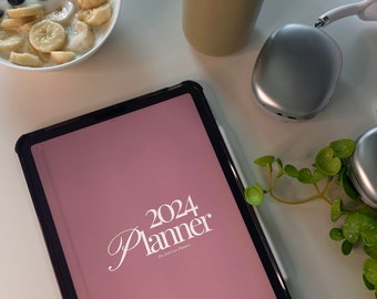 Planificador de iPad con fecha de 2024, planificador digital GoodNotes, diario semanal mensual, tablero de visión y memoria, seguimiento de hábitos, establecimiento de objetivos