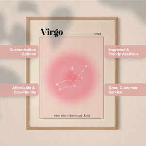 Cartel de Virgo, impresión de aura rosa pastel, arte de pared estético Y2K, regalo para ella, astrología espiritual, signo de estrella de la tierra, decoración de la habitación, digital