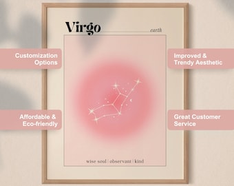 Virgo Poster, Pastel Pink Aura Print, Y2K Aesthetic Wall Art, Gift For Her, Spiritual Astrology, Earth Star Sign, Room Decor, Digital