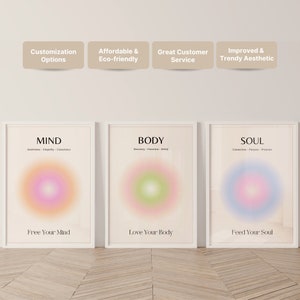 Mind Body Soul Poster, Set of 3, Danish Pastel, Gradient Aura Poster, Dorm Bedroom Decor, Spiritual Higher Self Energy, Digital Download