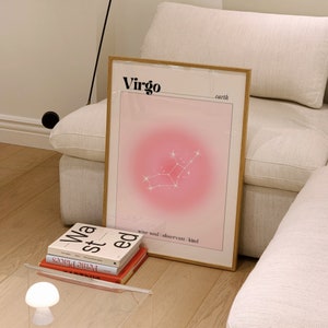 Cartel de Virgo, impresión de aura rosa pastel, arte de pared estético Y2K, regalo para ella, astrología espiritual, signo de estrella de la tierra, decoración de la habitación, digital imagen 6