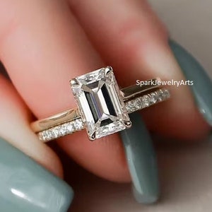 14K Solid Gold Ring 2 CT Emerald Cut Moissanite Ring Set Wedding Ring Moissanite Engagement Ring Set Art Deco Ring Vintage Bridal Ring Set