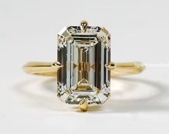 Compass Prong Engagement Ring 5 CT Emerald Cut Colorless Moissanite Solitaire Ring Hidden Halo Bridal Wedding Ring Anniversary Gift For Her