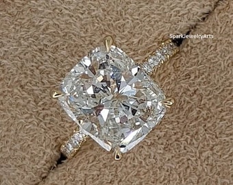 4.14 CT Cushion Cut Moissanite Engagement Ring 14K Yellow Gold Anniversary Ring Cushion Wedding Ring Bridal Ring Promise Ring Gift for Her