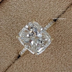 4.14 CT Cushion Cut Moissanite Engagement Ring 14K Yellow Gold Anniversary Ring Cushion Wedding Ring Bridal Ring Promise Ring Gift for Her