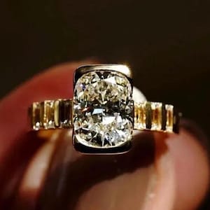 Bezel Ring Cushion Cut Moissanite Diamond Engagement Ring 14K Yellow Gold Square Cushion Cut Wedding Ring Half Bezel Set Ring For Women